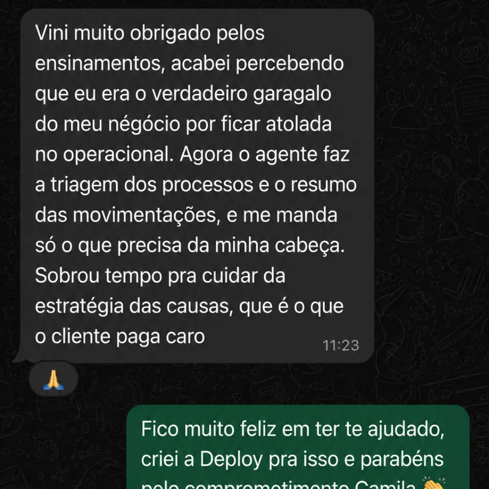 Print real de depoimento de assinante do AI Deploy Club no WhatsApp (4)